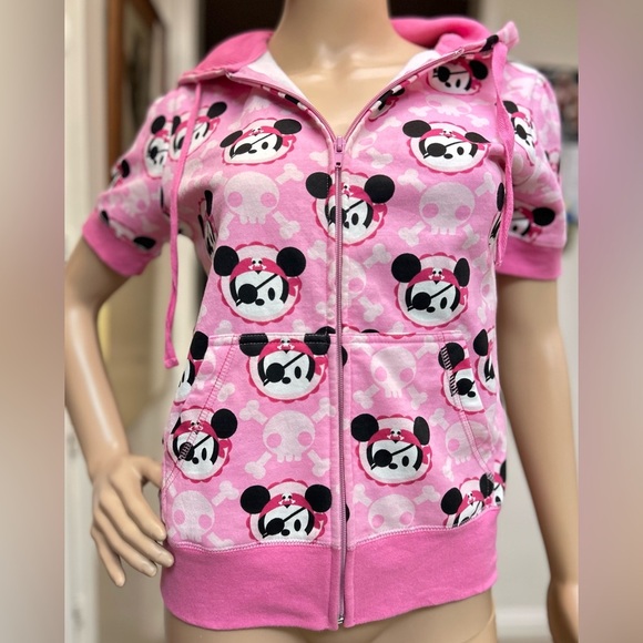 Disney Resort Pink Hoodie Mickey Pirate Full Zip Short Sleeve Pockets Girls M - Picture 1 of 8